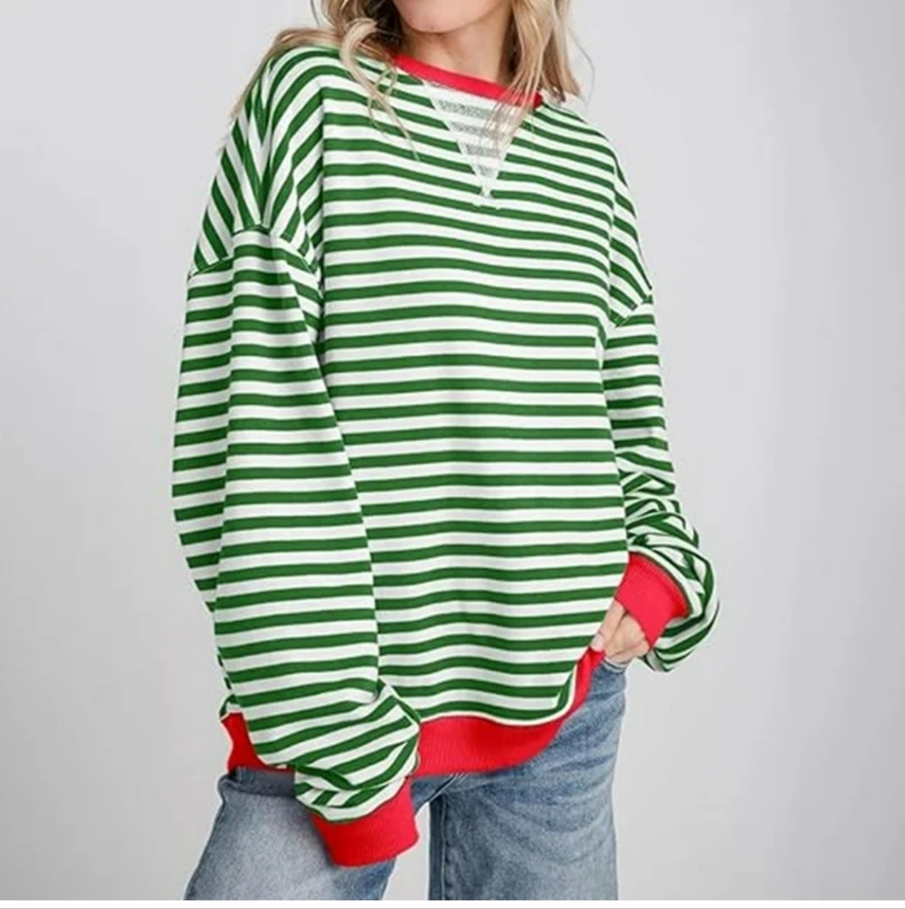 Green and ivory Striped Sweater with pink  Accents